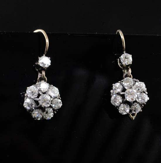 A pair of antique gold and diamond cluster drop earrings, 14mm.
